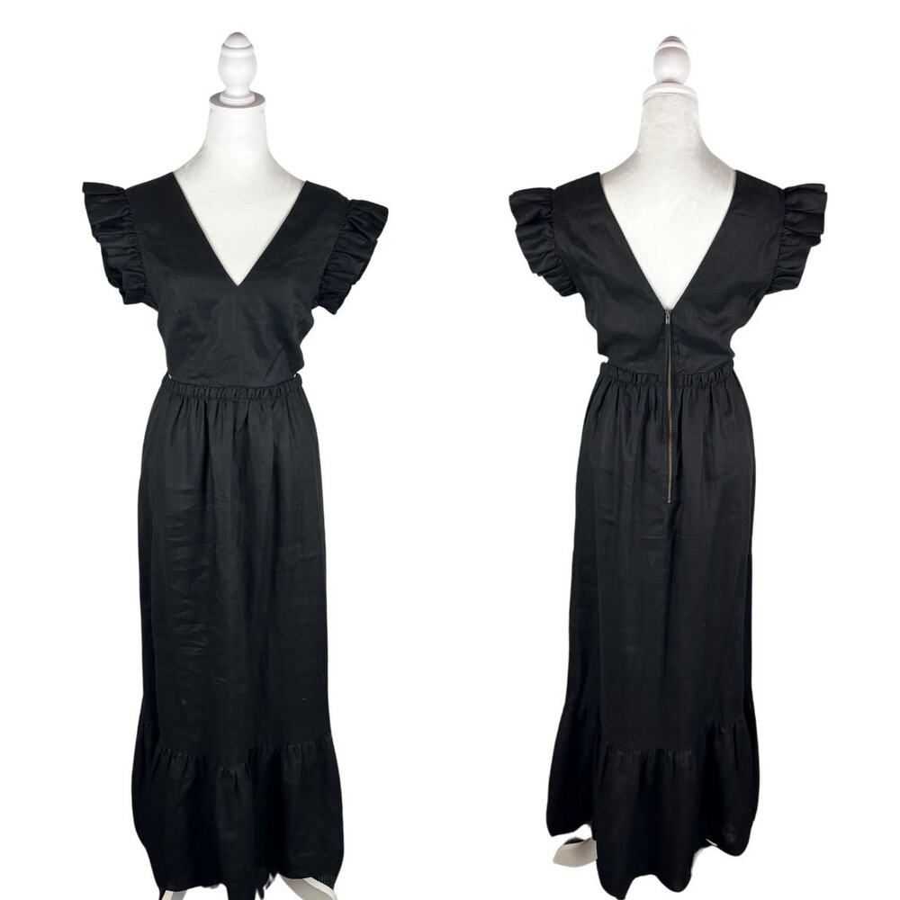 Marie Oliver Verana Linen Midi Dress 4 Black NWT Flounce Hem - Picture 2 of 10